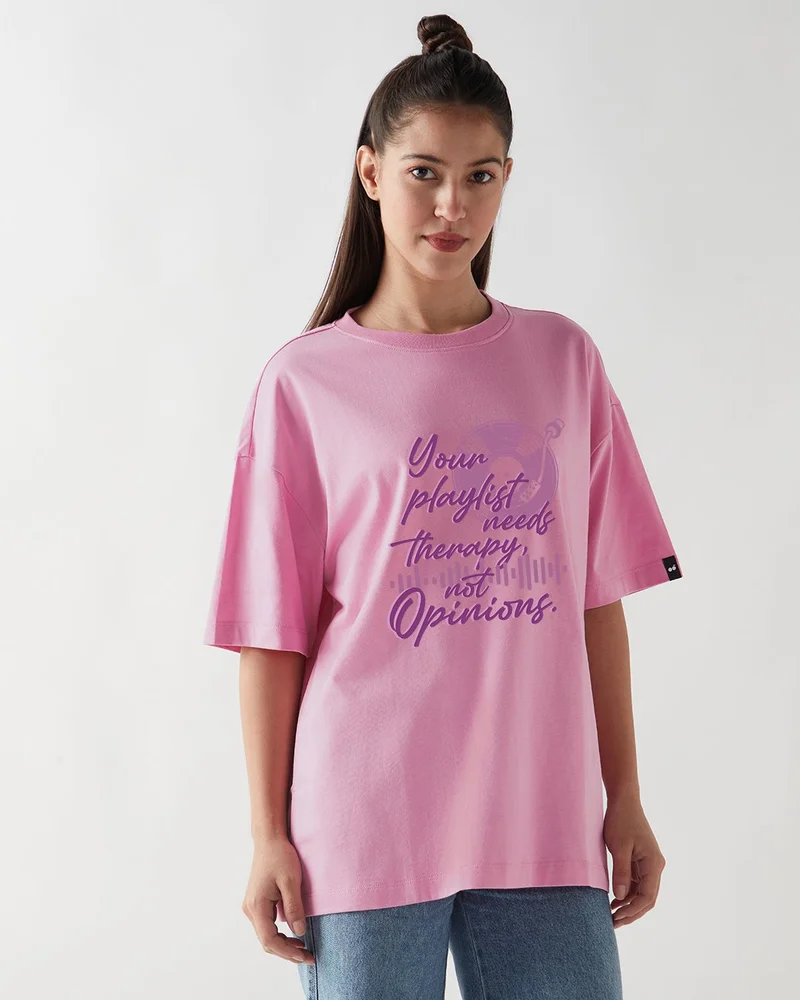 bewakoof Women's Prism Pink Play List Graphic Printed Oversized T-shirt